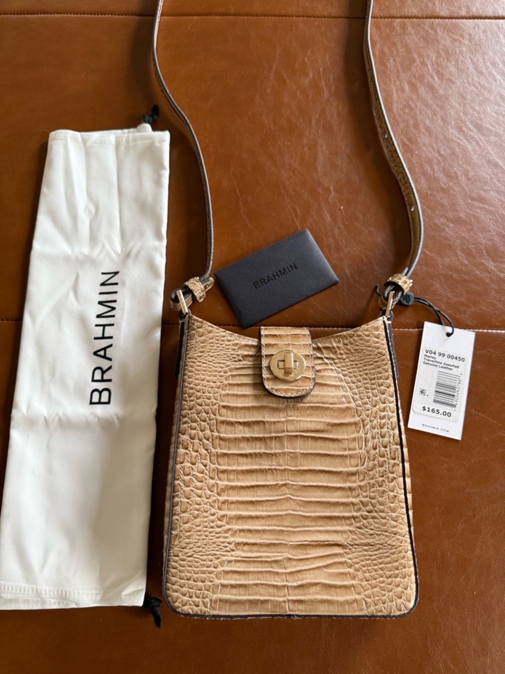 Brahmin NWT Camel Croc-Embossed Marlene Travertine Genuine Leather Crossbody